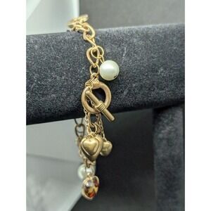 Gold Tone Faux Pearl Love Charm Bracelet‎